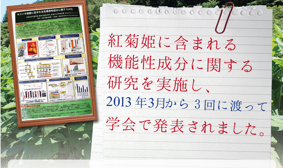糖化ヘモグロビン「HbA1c」（ヘモグロビンエーワンシー）の抑制効果が実証され、2014年3月の日本農業学会で発表されました。